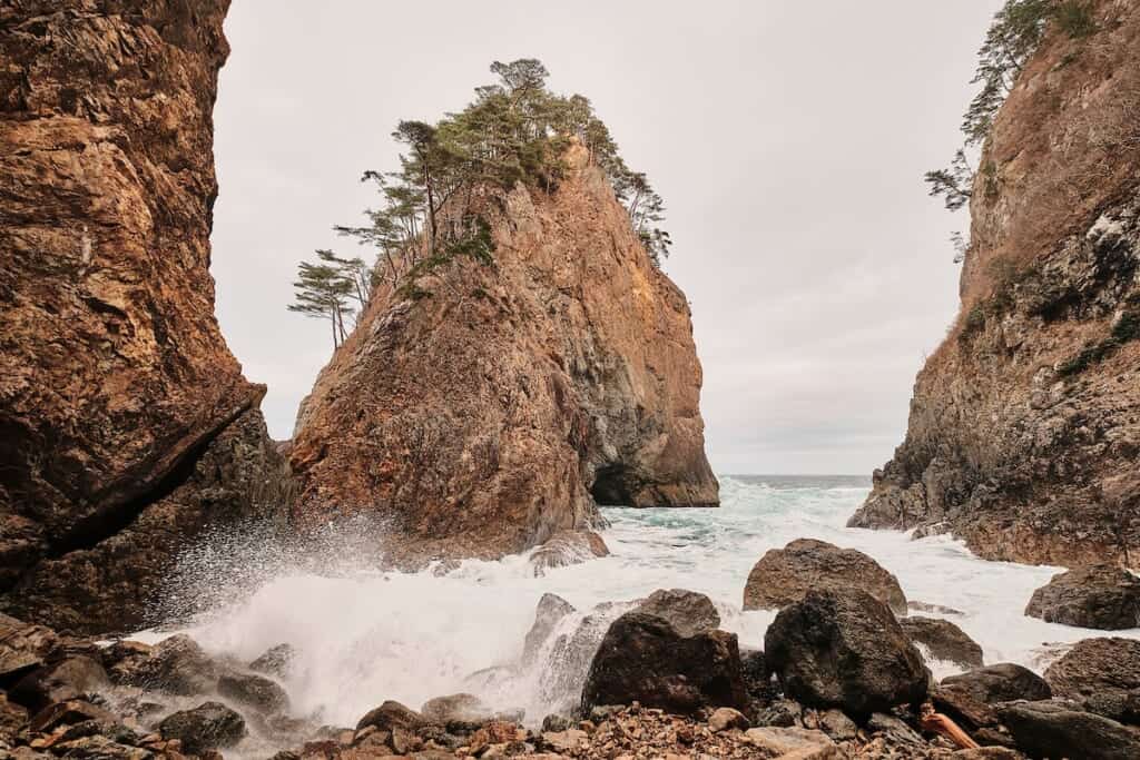 The rock landscape and the strong ocean while hiking on the Michinoku Coastal Trail