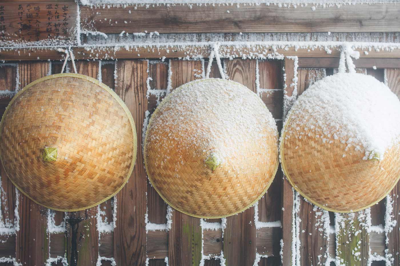 Snow covered traditional hats in Japan