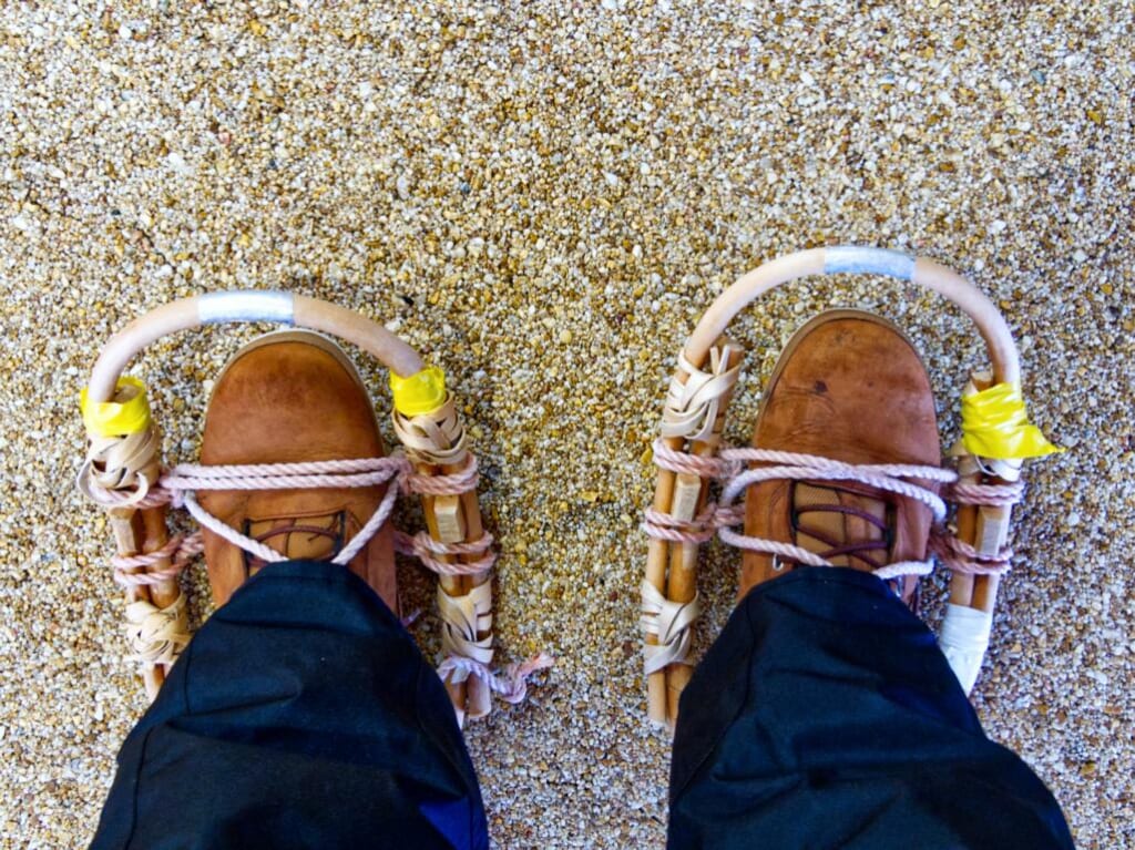 wearing traditional Japanese kanjiki snowshoes
