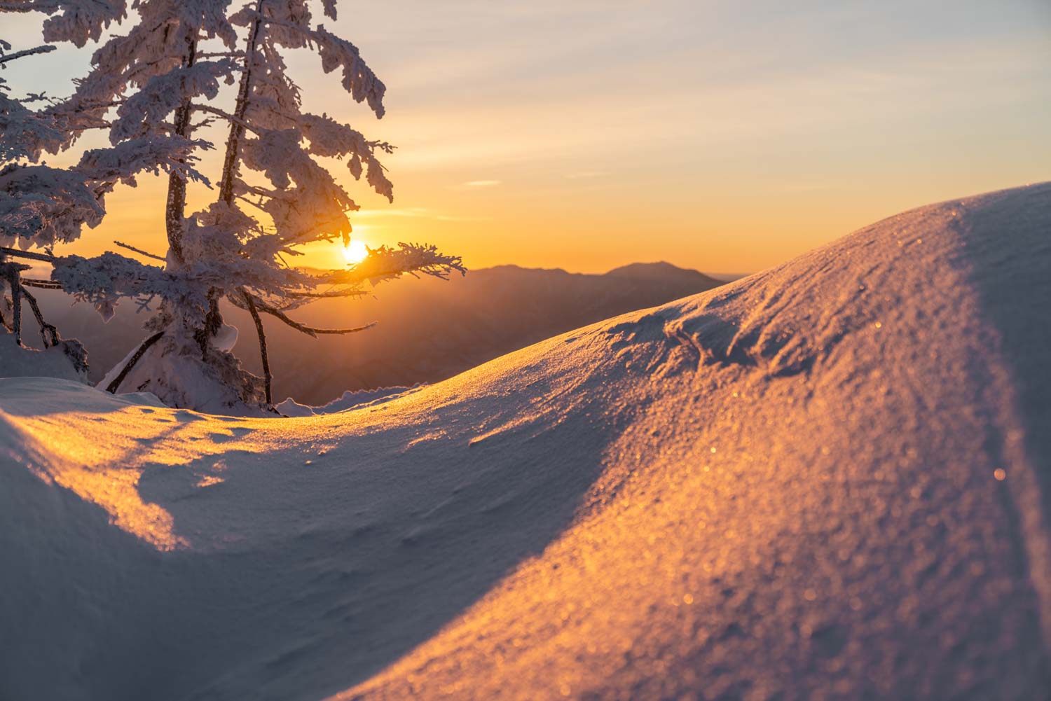Mt. Takatsue snowy hill at sunrise