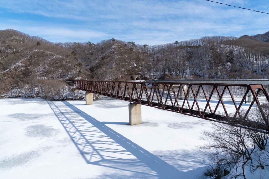 snowy view from train window on Tobu Line through Nikko