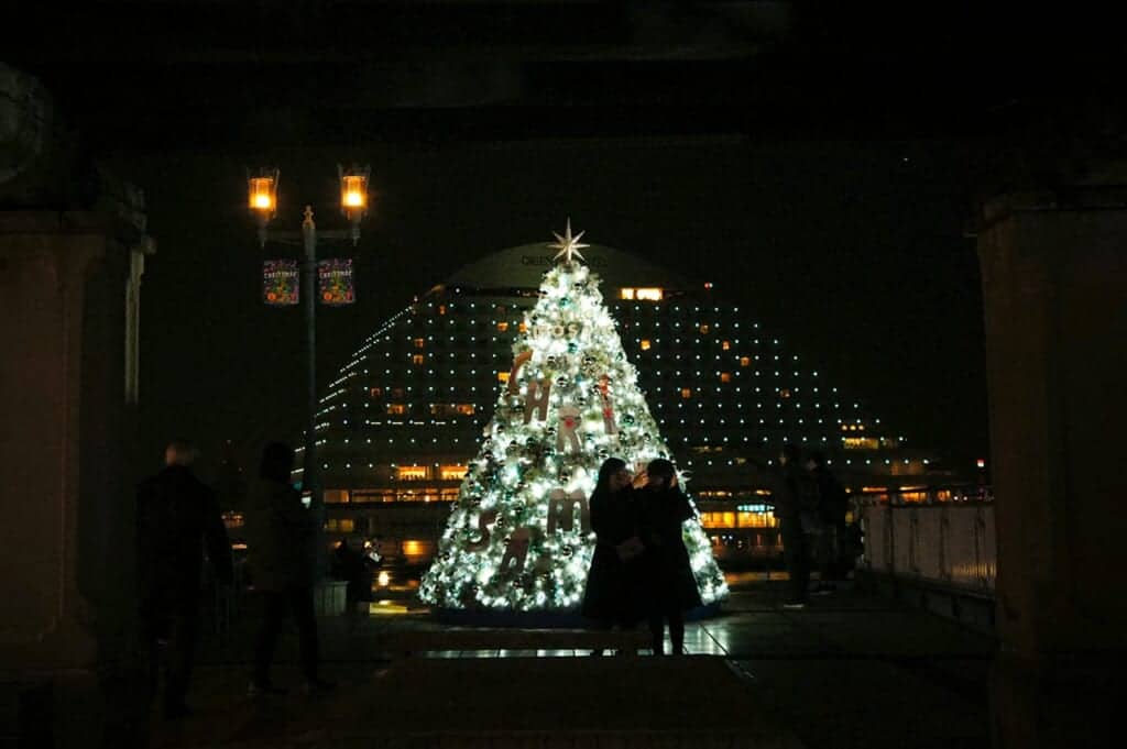 Japanese women taking a photo in front of a Christmas tree