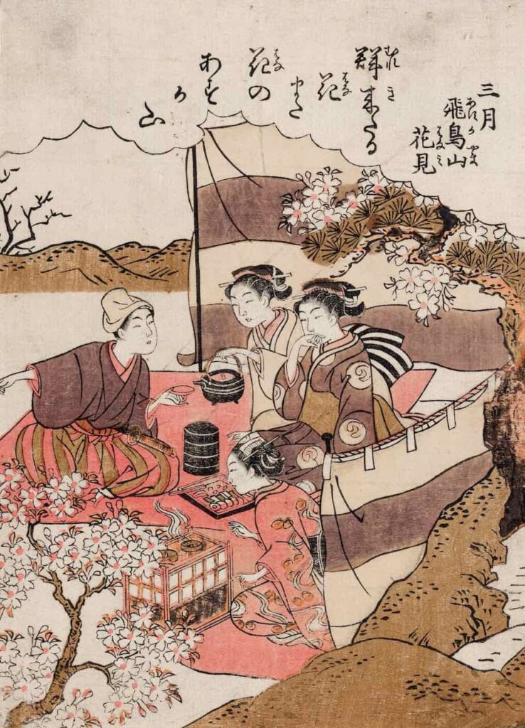 Japanese Ukiyo-e Woodblock print by Kitao Shigemasa of three woman in kimono performing tea ceremony