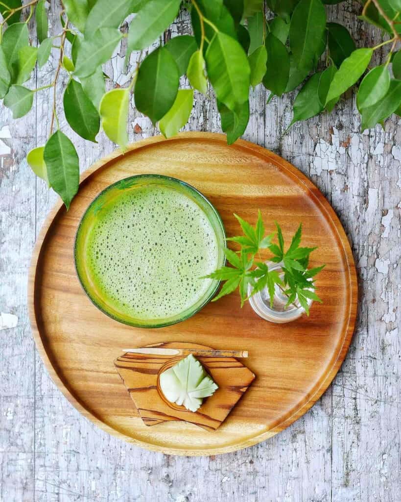 Nerikiri wagashi made in the shape of a green maple leaf called “New leaf.”