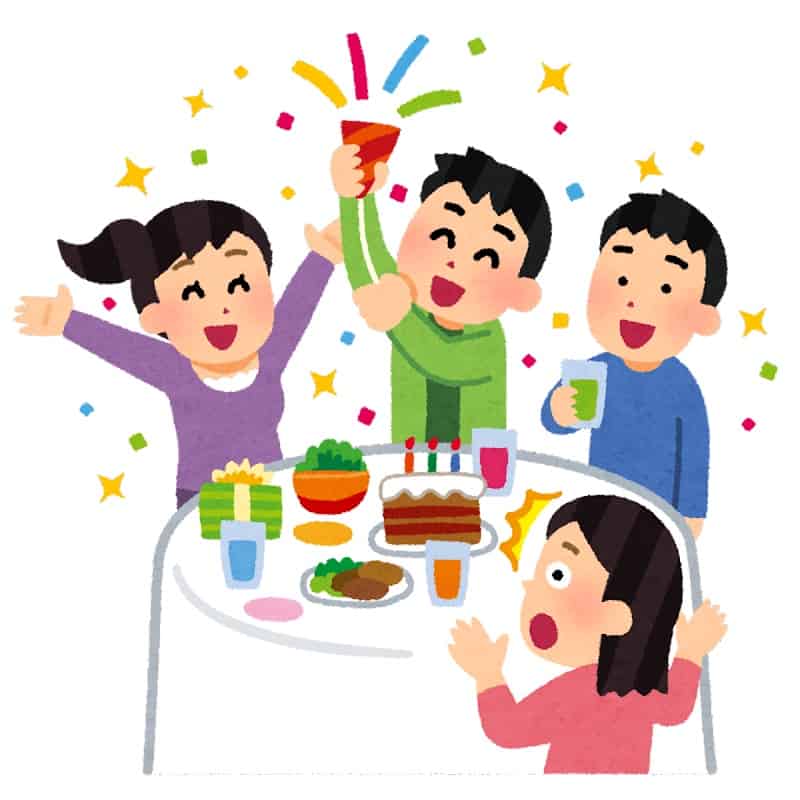 illustration of people throwing a surprise birthday in Japan