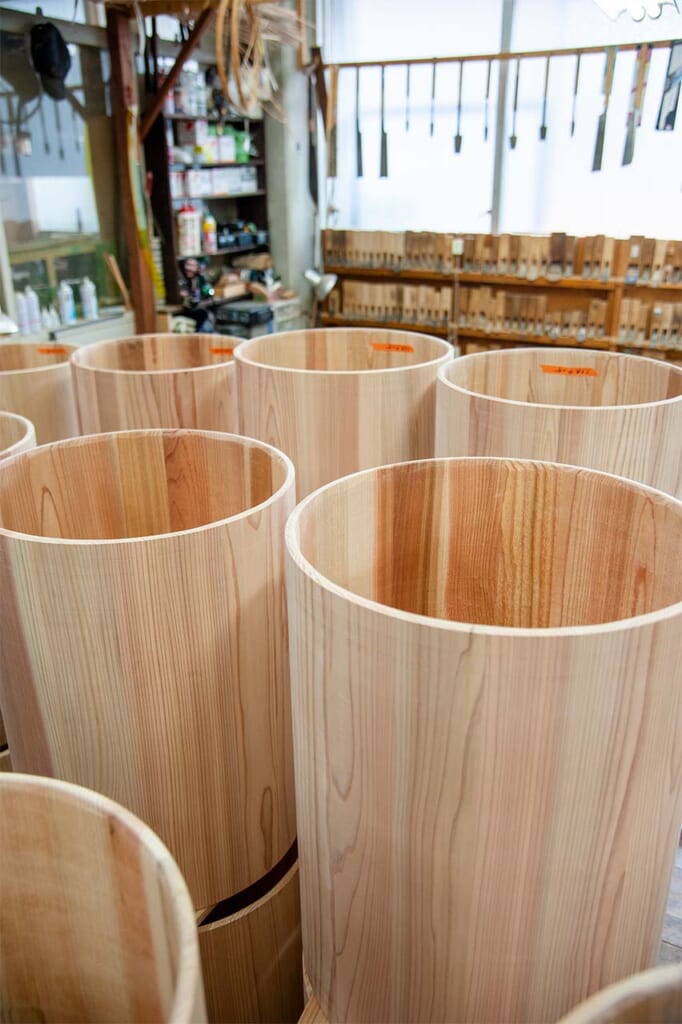 Taiko drums being made at Miyamoto Unosuke workshop in Asakusa, Tokyo