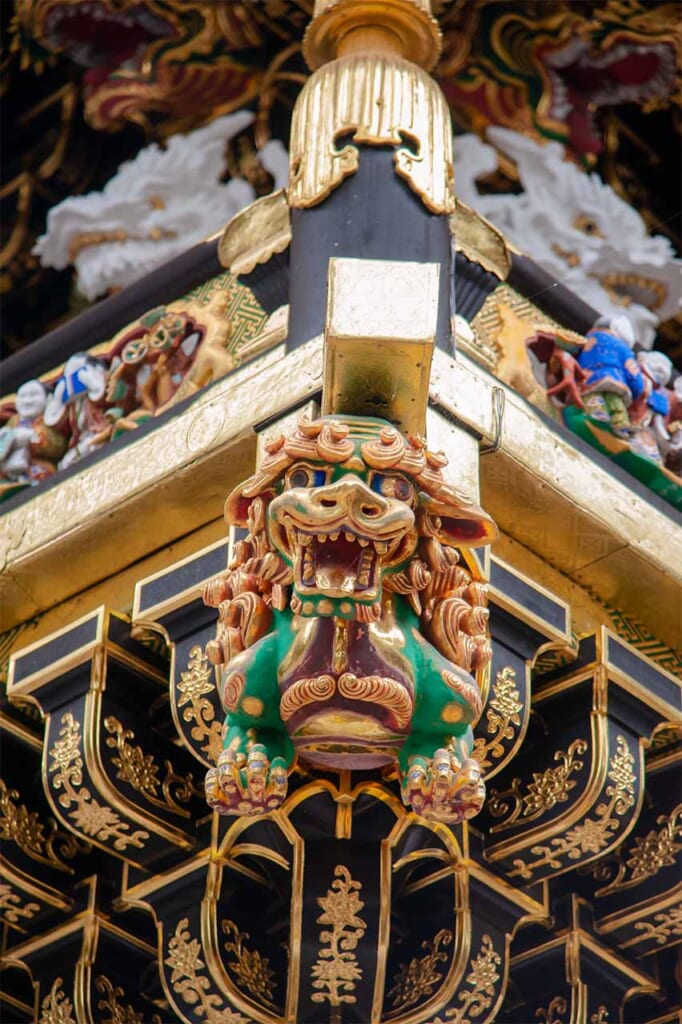 A carved dragon's head on the Yomeimon Gate at Nikko Toshogu Shrine
