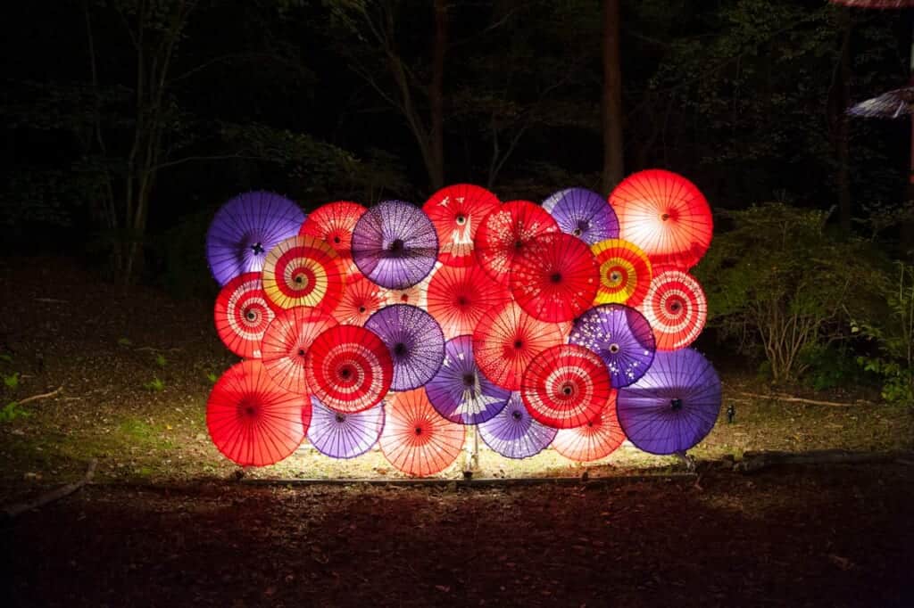 A display of illuminated Japanese wagasa atTsukiakari Moonlight Flower Gallery in Kinugawa Park