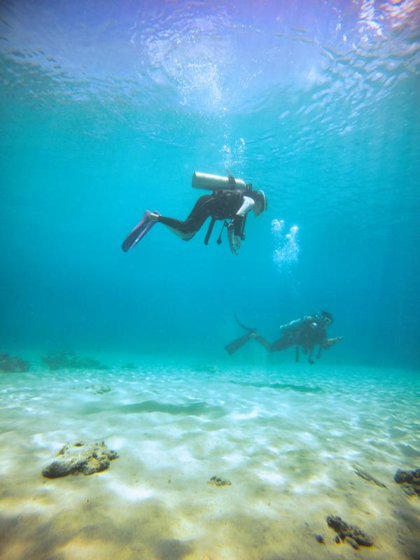 diving in the shallow blue waters filled with coral reefs in Kerama islands, Okinawa