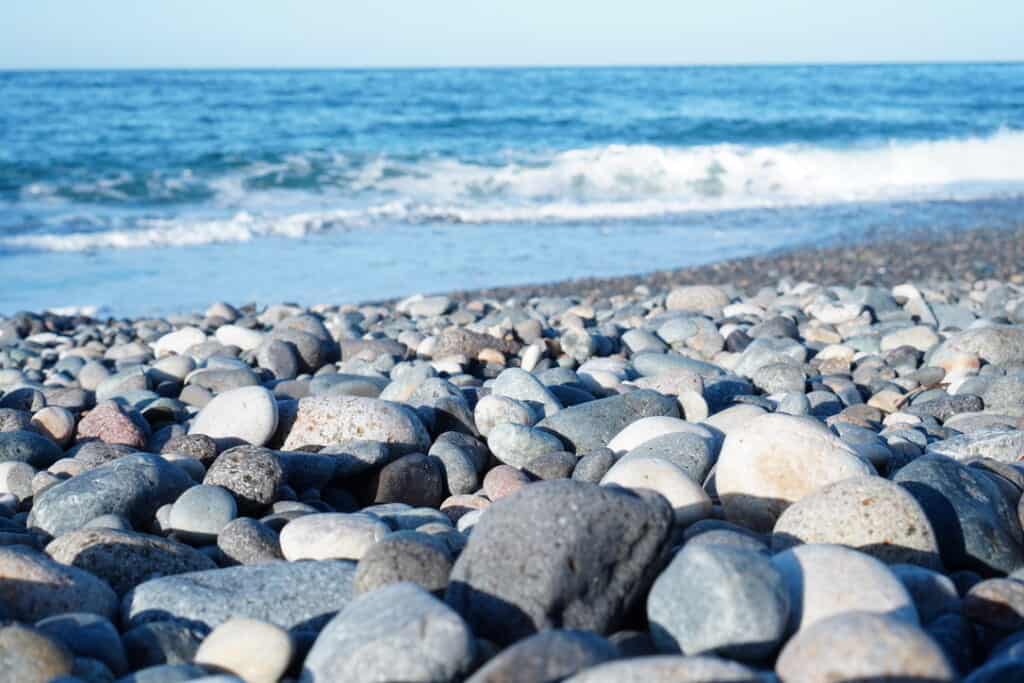 Stones on the Jade Coast of Itoigawa with the sea in the background