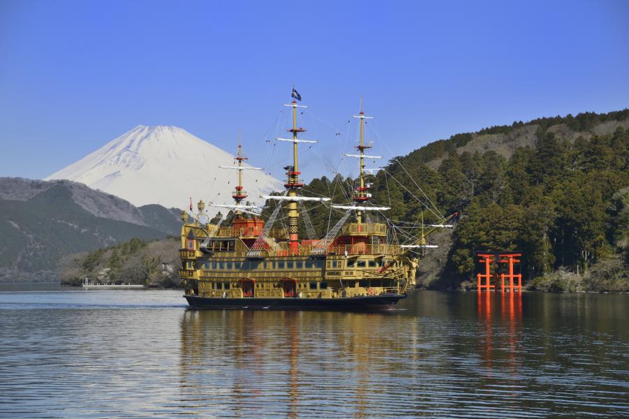 pirate ship cruise with mount fuji in the background in japan