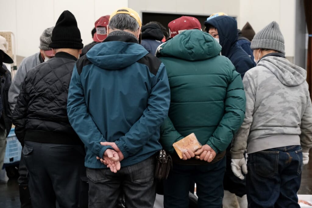 Wholesalers at a tuna auction in Japan.