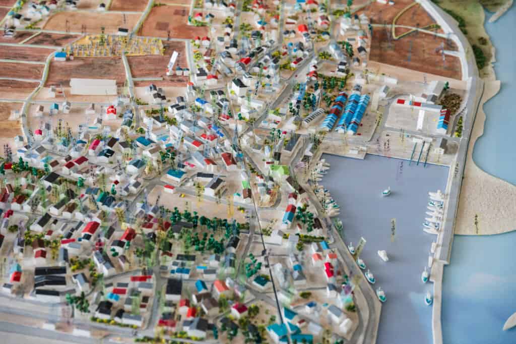 map of old village and houses were swept away after the 2011 tsunami in Fukushima