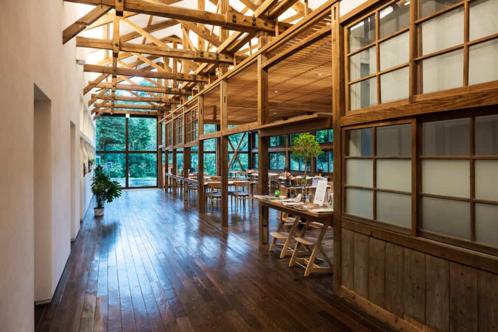 hallway of Japanese timber work in a renovated schoolhouse in japan