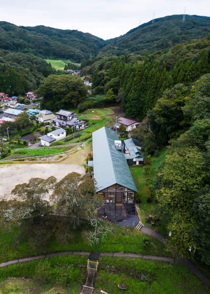 aerial view of sustainably designed hotel in japan