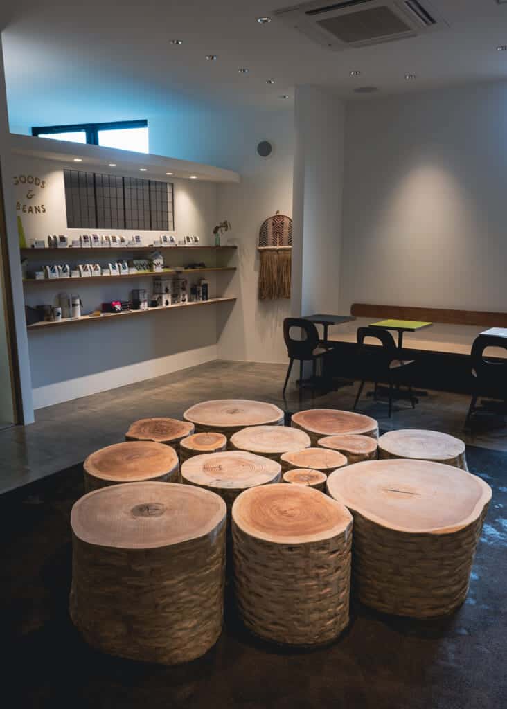 wood stumps collected on floor inside a shop in japan
