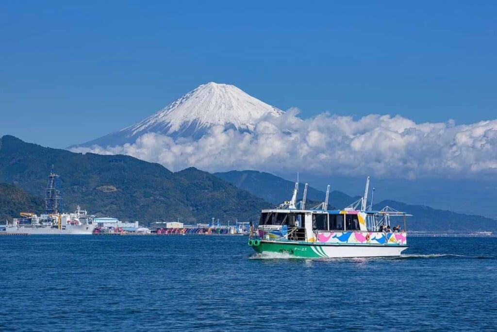 ferry with mt fuji scene in the background in Japan