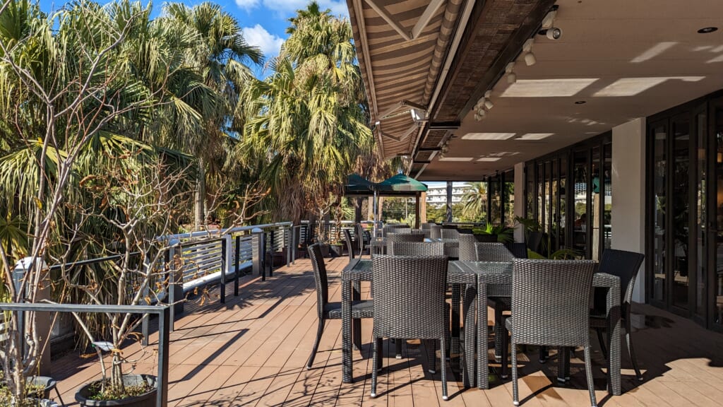Outdoor seating surrounded by palm trees