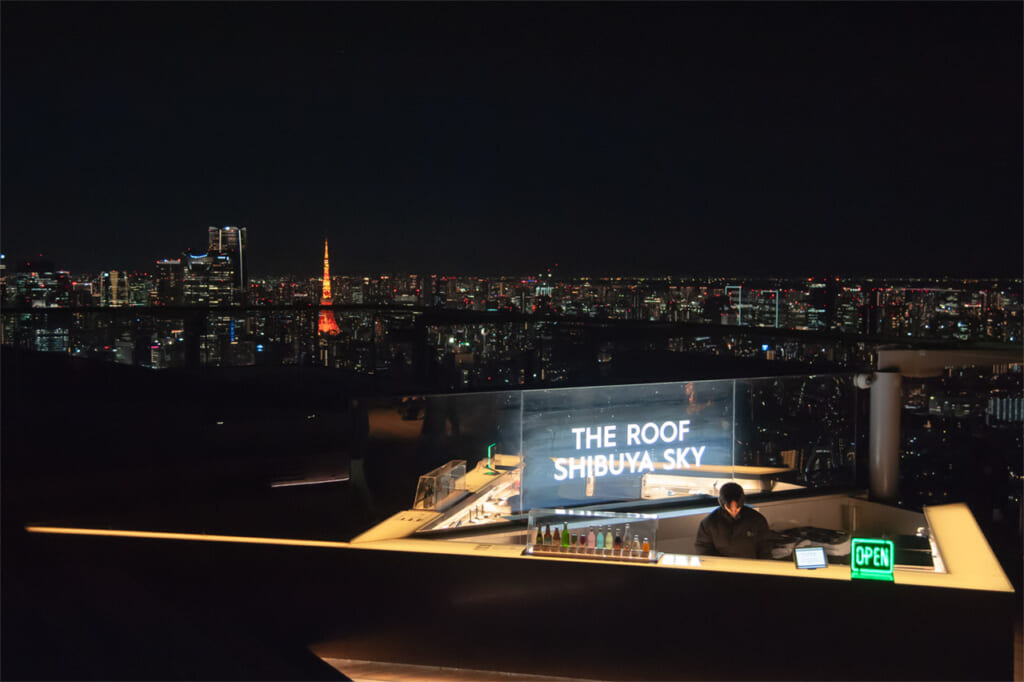 The Tokyo Tower at night from the Shibuya Sky observation deck