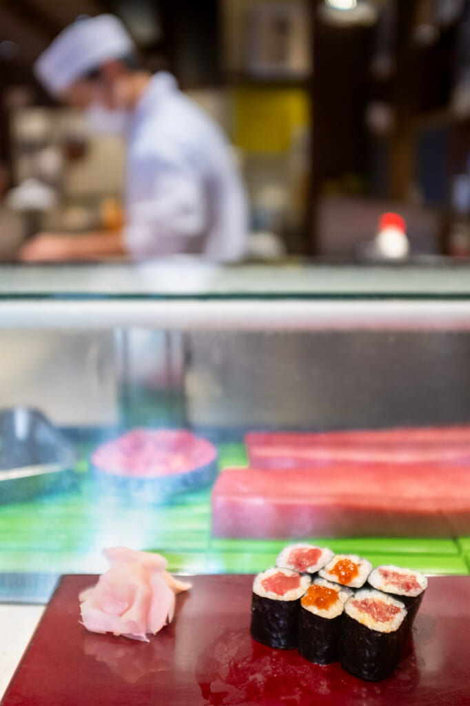 Maki rolls served at Daiwa Sushi in Toyosu Market, Tokyo