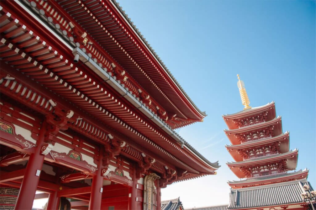 Sensoki Temple's Hozomon Gate and Five-Storey Pagoda