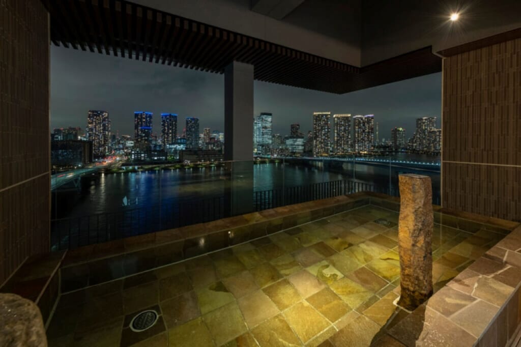 night time view of Tokyo Bay from the rooftop onsen at La Vista Tokyo Bay hotel