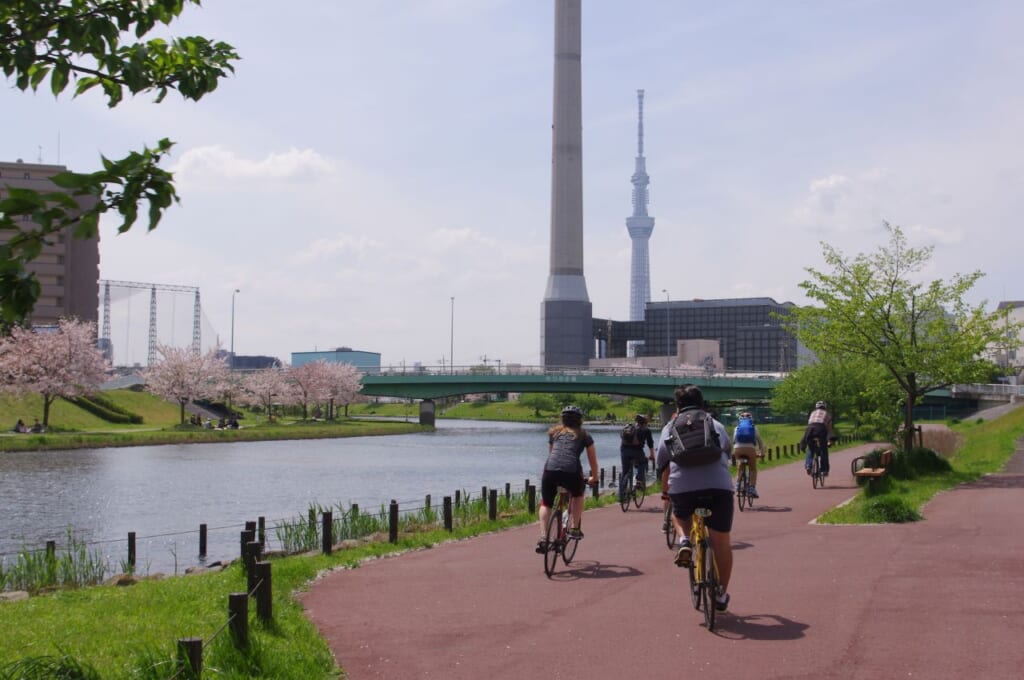 Cycling in Tokyo with Skytree in the background