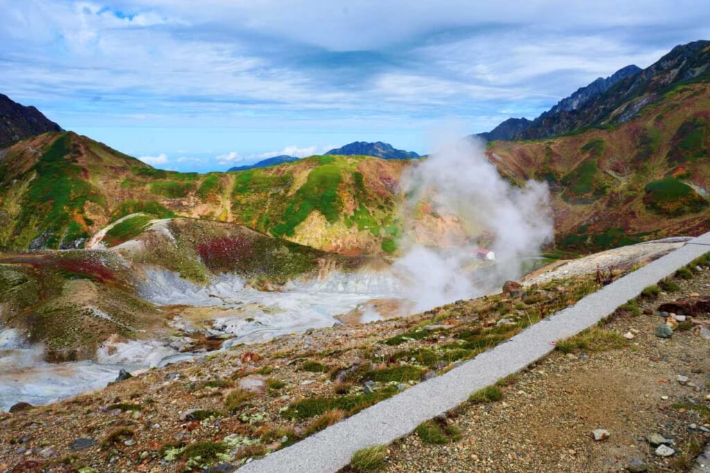 Jigokudani onsen smoke near Mikurigaike in Toyama Prefecture, Japan