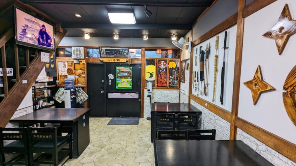 Seating area of Nikaku Shokudo, a ninja themed restaurant