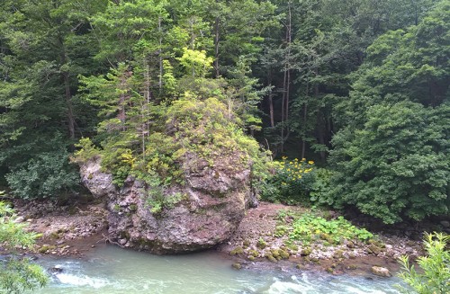 Rivière et îlot au village onsen de Sounkyo, Hokkaido, Japon.