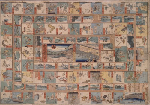 Plateau de jeu de Sugoroku du musée des estampes de Fujisawa, Japon.