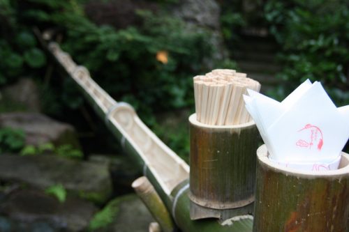 Déguster des taki soumen dans le jardin du ryotei Ikinariya dans le quartier de Furumachi à Niigata, Japon