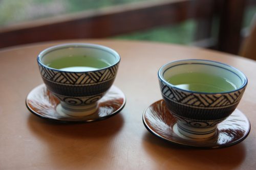 Tasse de thé vert au shukubo Sanrakuso au pied du Mt Daisen, préfecture de Tottori, Japon