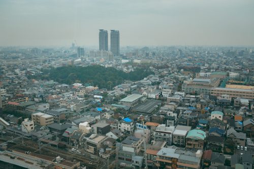 Vue sur les kofun depuis le Sakai City Hall, à Sakai, Osaka, Kinki, Japon