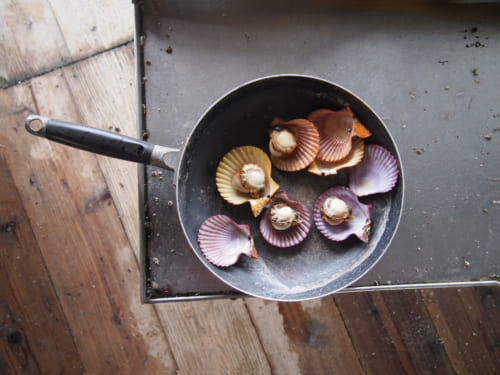 Coquillages hiyougi dans une poêle à Yakatajima