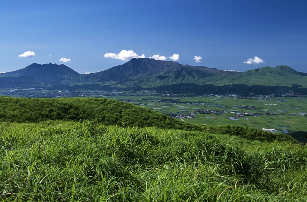 Vue panoramique sur la caldera du mont Aso à Kumamoto, derrière un premier plan végétal