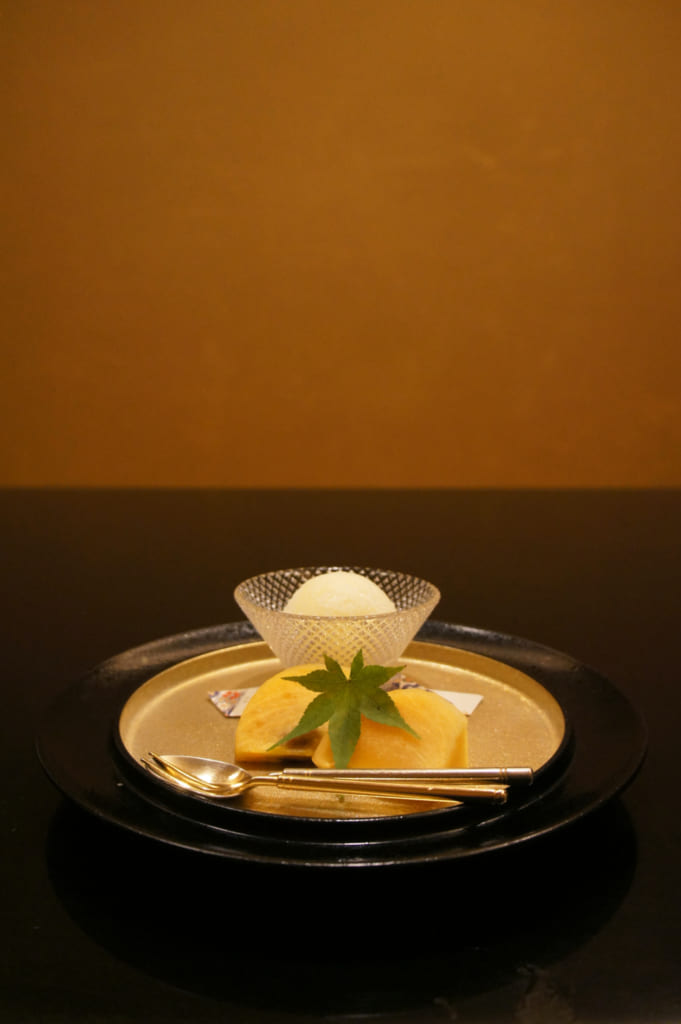 Dîner kaiseki : dessert (sorbet et kaki)
