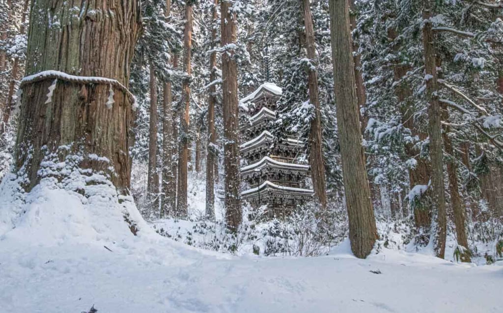 grand père cedre et la Pagode à 5 étages du Mont Haguro à Tsuruoka