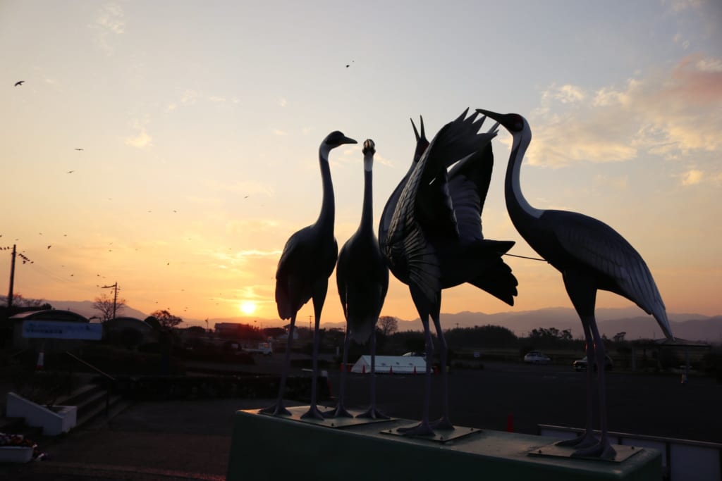 statue des grues japonaises d'Izumi au lever du soleil