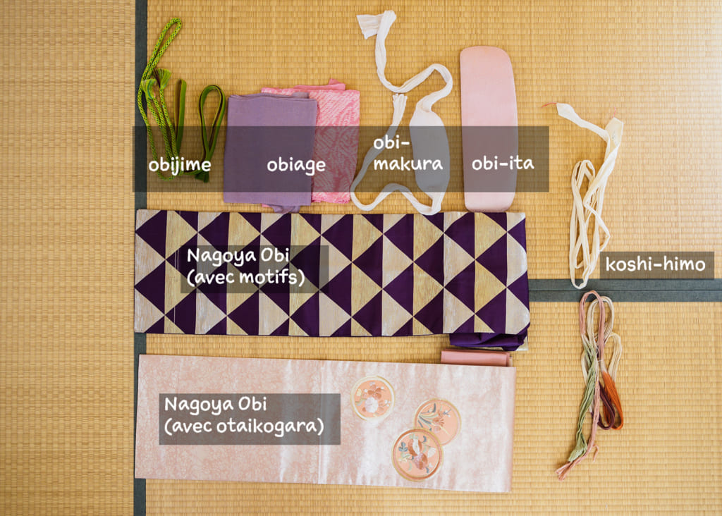 les accessoires nécessaires pour nouer un Nagoya Obi