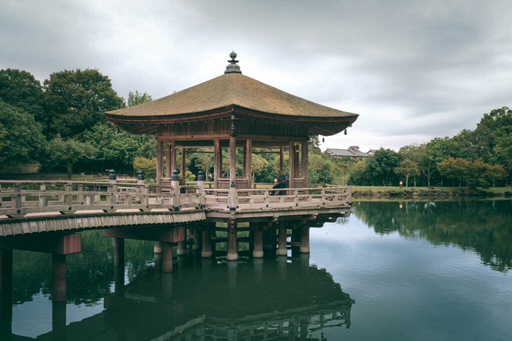 Un magnifique pavillon japonais en bois dur un étang à Nara