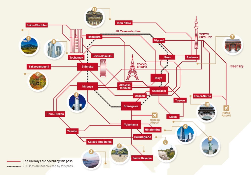 carte du réseau accessible avec le greater tokyo pass, l'un des pass régionaux pour se déplacer à tokyo
