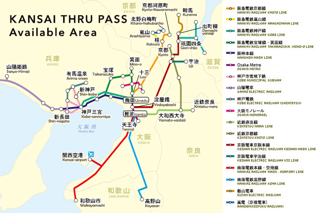 carte du réseau de transport accessible avec le Kansai Thru Pass
