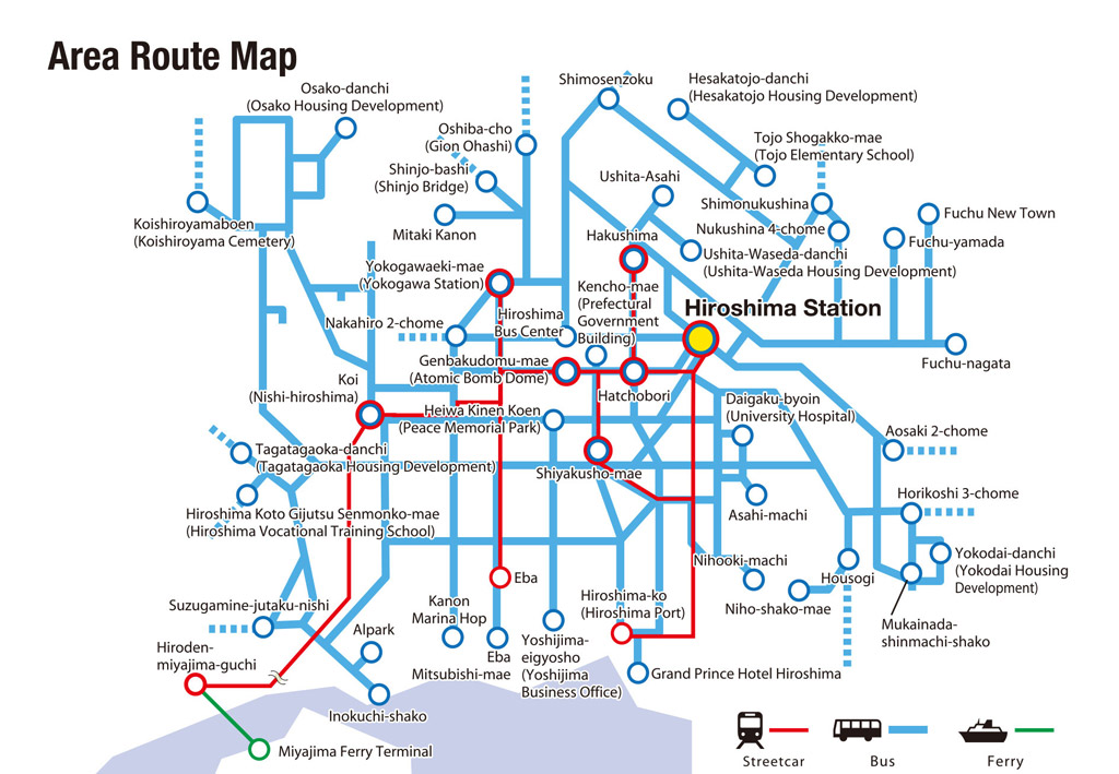 carte du réseau de transport accessible avec le pass régional visit hiroshima