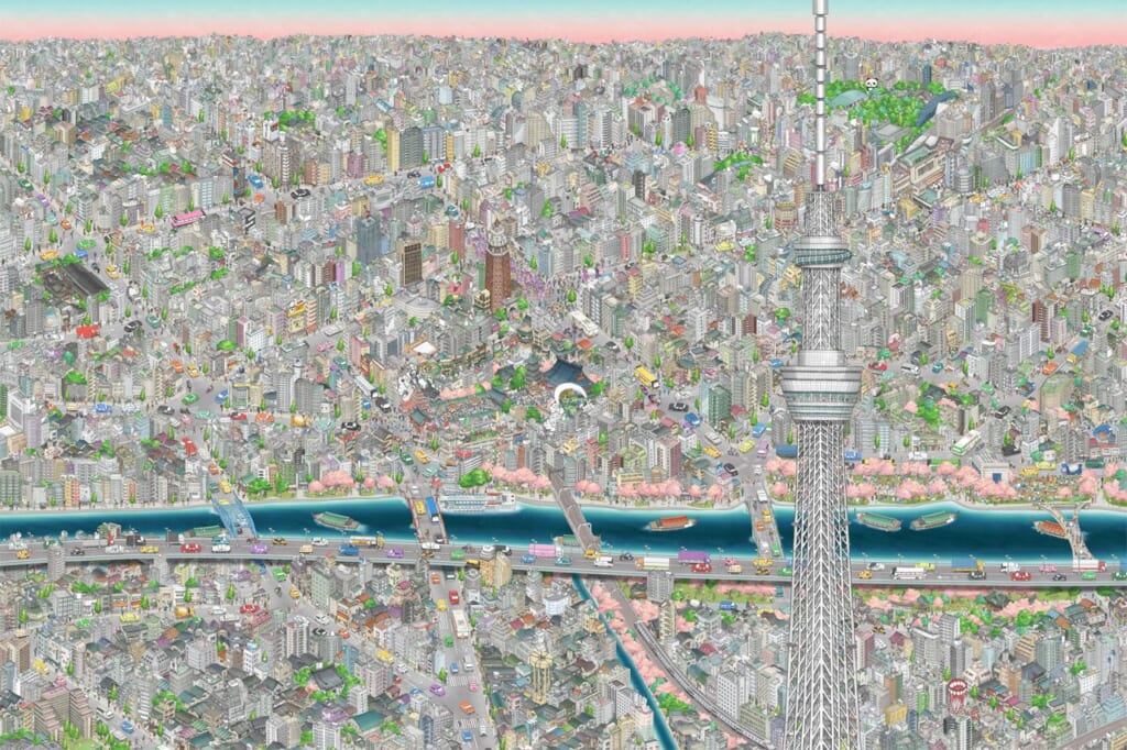Vue depuis le Tokyo Skytree représenté dans une oeuvre digitale