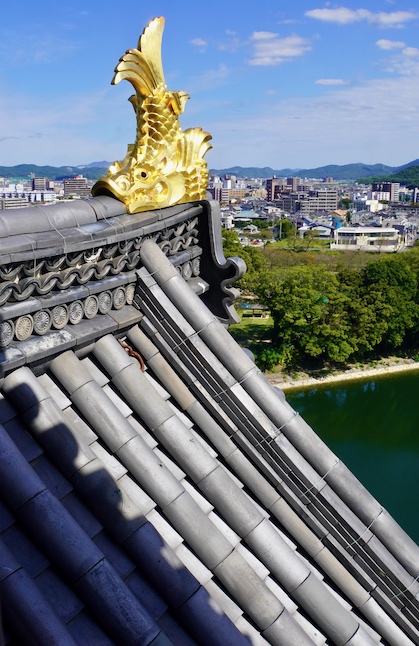 Shachihoko doré et vue depuis le château 