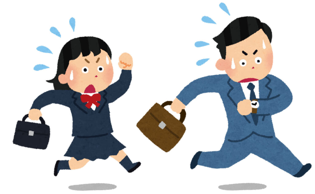 Écolière et employé de bureau japonais en retard