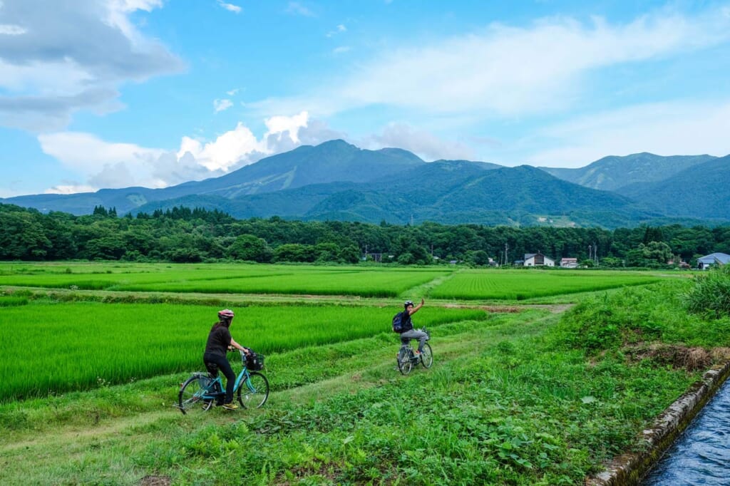 Personnes à vélo dans la campagne japonaise : rizières et montagnes