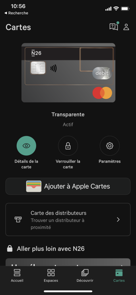 écran de gestion de carte de l'application d'une banque en ligne