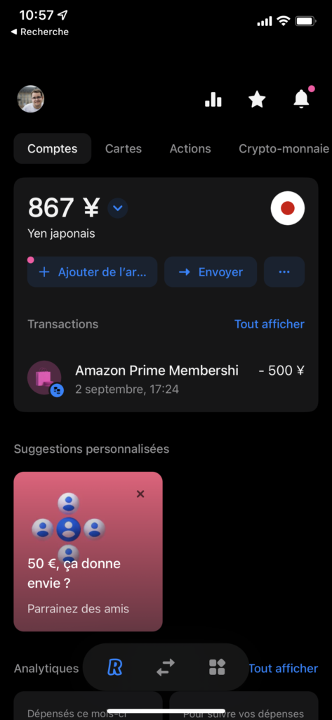 Capture d'écran de la gestion de ses dépenses en yens depuis l'application d'une banque en ligne